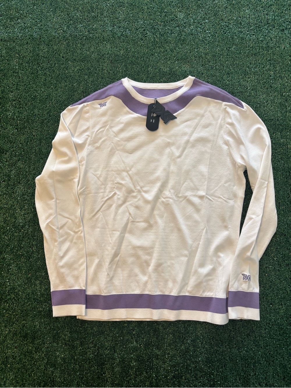 PXG Women’s White Crewneck Sweater with Lavender Shoulder and Hem Accents